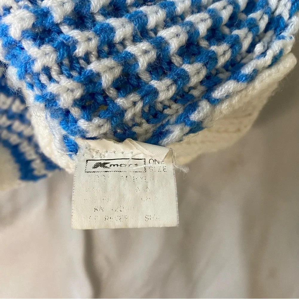 Vintage Kmart Children’s Winter Knit Ski Hat With‎ Pom Blue White 1980s